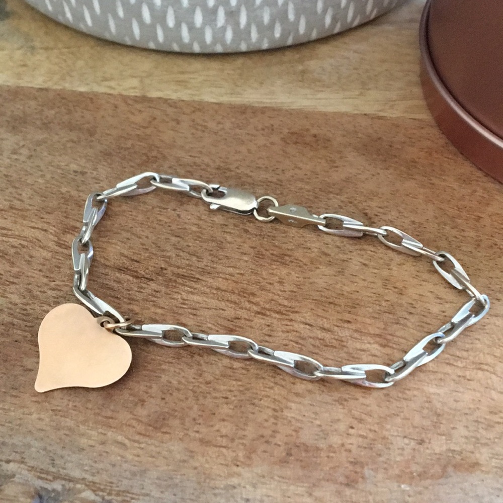 Solid 14K white gold link bracelet with charm